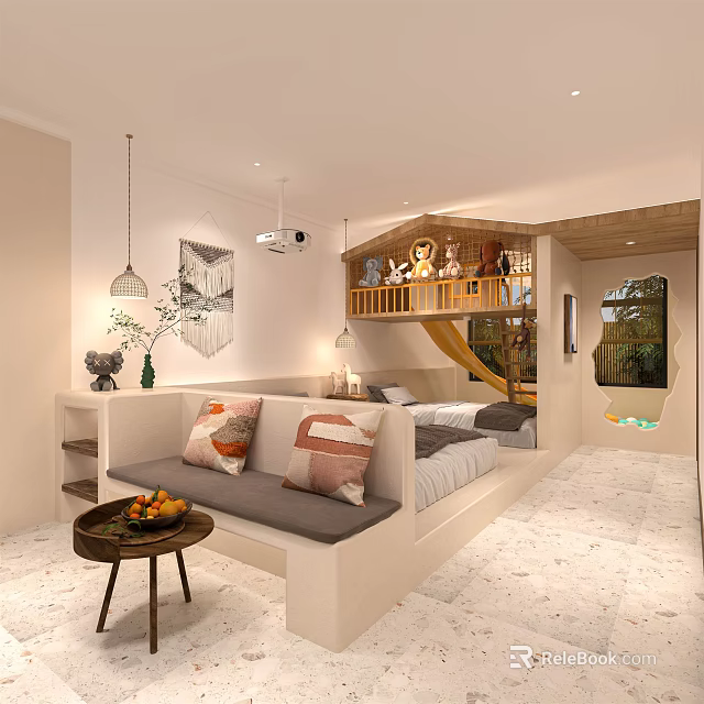 Modern Hotel Room Interior With Sofa Pillows Side Table Bed Pendant Lights And Loft Area 3d model 