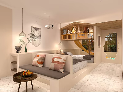 Modern Hotel Room Interior With Sofa Pillows Side Table Bed Pendant Lights And Loft Area 3d model