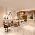 Modern Hotel Room Interior With Sofa Pillows Side Table Bed Pendant Lights And Loft Area