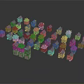Small Building Models With Blue Roofs And White Walls Arranged On Gray Background For