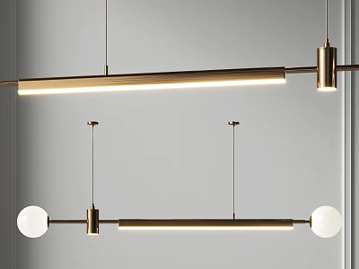 Modern Brass Linear Pendant Light With Spherical Shades Hanging In Contemporary Interior 3d model