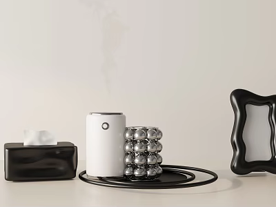 Decorative Ornament Set With Black Tissue Box White Diffuser Silver Balls And Black Frame 3d model