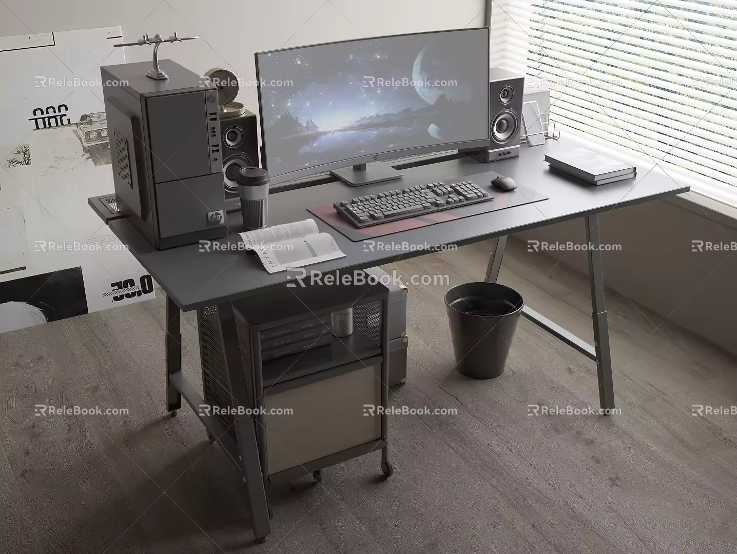 Solid Wood Computer Desk Rolling Locker Computer Monitor Host Keyboard Mouse Speaker Phone Clock Accessories Coffee Cup Books 3d model