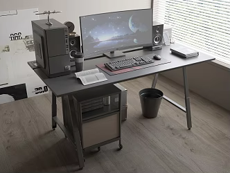 Solid Wood Computer Desk Rolling Locker Computer Monitor Host Keyboard Mouse Speaker Phone Clock Accessories Coffee Cup Books 3d model