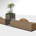 Wooden Landscape Seats With Curved Backrest And Planter Box With Green Plants