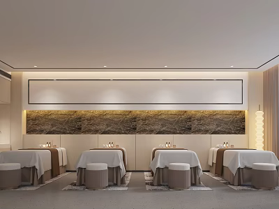 Modern SPA Sauna Interior with Comfortable Massage Beds and Stone Wall Lighting 3d model
