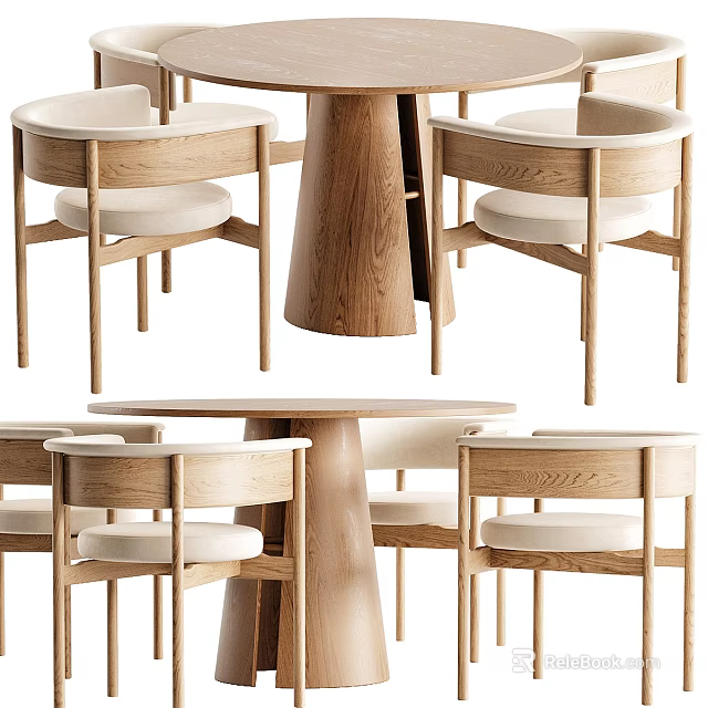 Modern Wooden Dining Table Set With Upholstered Chairs And Natural Wood Design 3d model 