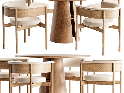 Modern Wooden Dining Table Set With Upholstered Chairs And Natural Wood Design 3d model