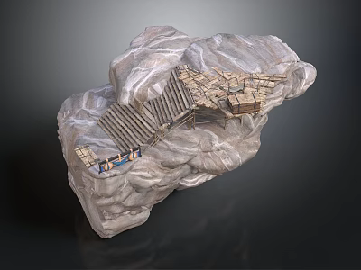Rocky Mountain Terrain With Wooden Plank Walkway And Suspension Bridge Structure 3d model