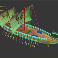 Ancient Wooden Galley Water Vessel With Green Sails Rowing Oars And Curved Bow