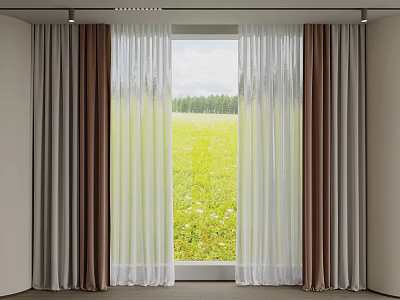 Stylish Window Curtains Featuring White Sheer And Brown Panels With Green Field View 3d model