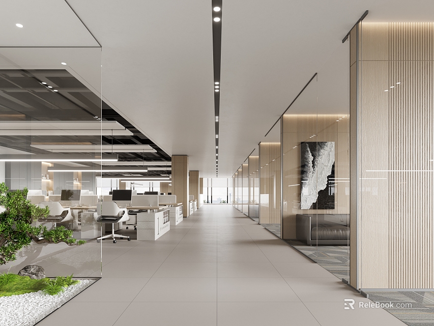 Modern Public Office Space Interior With Glass Partitions Green Plants And Office Furniture 3d model 