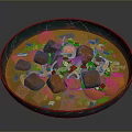 Creamy Pink Soup in Green Bowl with Meat Potato Chunks Fresh Vegetables and Herbs