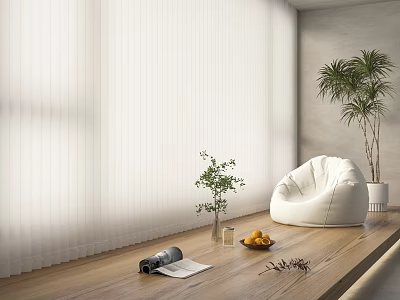 Light Filtering White Vertical Curtains Enhancing Relaxing Living Space with Wooden Floor and Green Plants 3d model