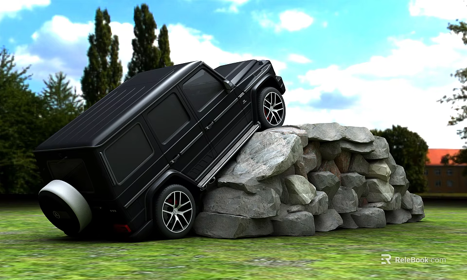 Black Off Road Vehicle Climbing Rocky Terrain In Nature With Trees And Blue Sky 3d model 