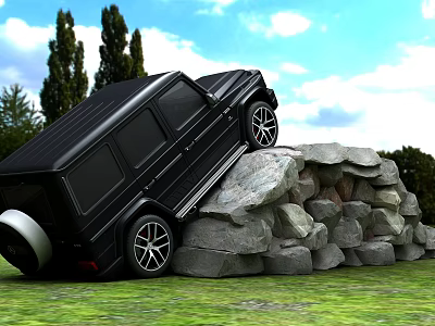 Black Off Road Vehicle Climbing Rocky Terrain In Nature With Trees And Blue Sky 3d model