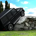 Black Off Road Vehicle Climbing Rocky Terrain In Nature With Trees And Blue Sky