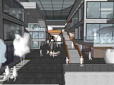 Modern Commercial Street With Glass Curtain Wall Buildings Staircase And Pedestrians 3d model