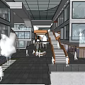 Modern Commercial Street With Glass Curtain Wall Buildings Staircase And Pedestrians