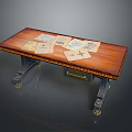 Wooden Office Desk With Vintage Papers On Surface And Decorative Metal Legs