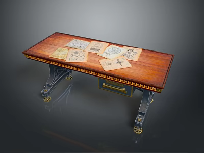Wooden Office Desk With Vintage Papers On Surface And Decorative Metal Legs 3d model