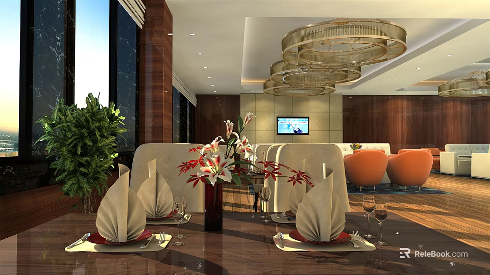Elegant Restaurant Interior with Modern Chandeliers Green Plants Sofa Seating and Table Setting 3d model 