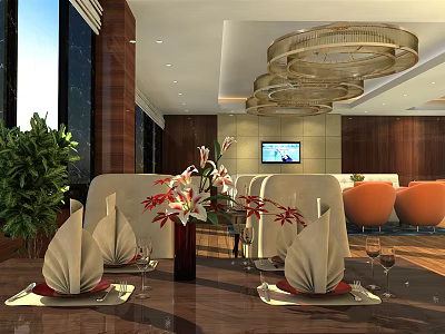 Elegant Restaurant Interior with Modern Chandeliers Green Plants Sofa Seating and Table Setting 3d model