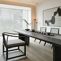 Modern Tea Room Interior Design With Long Table Black Chairs And Wooden Shelves