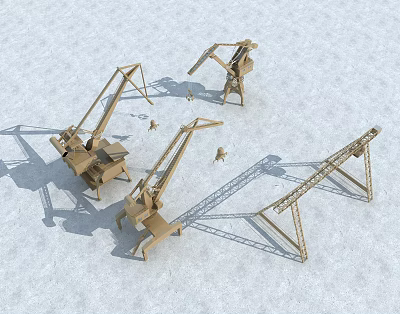 Industrial Crane Models With Metal Structure And Various Boom Designs On Light Ground With Shadows 3d model