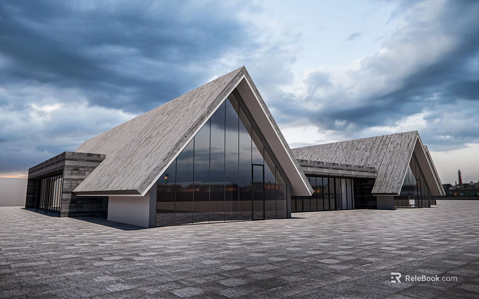 Modern Boutique Guesthouse Building With Triangular Wooden Roof Large Glass Walls And Stone Paved Courtyard 3d model 