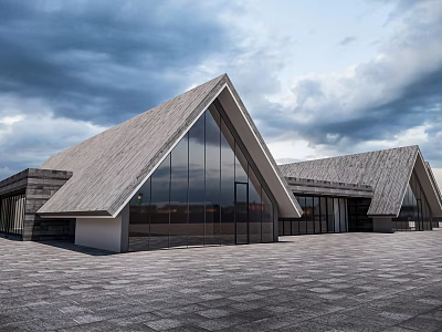 Modern Boutique Guesthouse Building With Triangular Wooden Roof Large Glass Walls And Stone Paved Courtyard 3d model