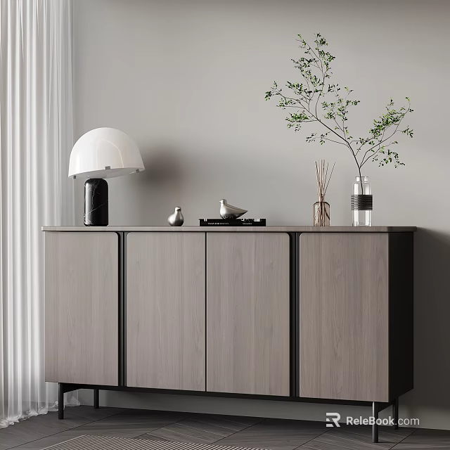 Modern Gray Wooden Console Cabinet with Table Lamp Vase Branches and Aromatic Sticks Decor 3d model 