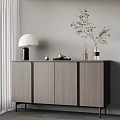 Modern Gray Wooden Console Cabinet with Table Lamp Vase Branches and Aromatic Sticks Decor