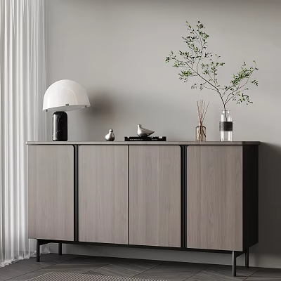 Modern Gray Wooden Console Cabinet with Table Lamp Vase Branches and Aromatic Sticks Decor 3d model