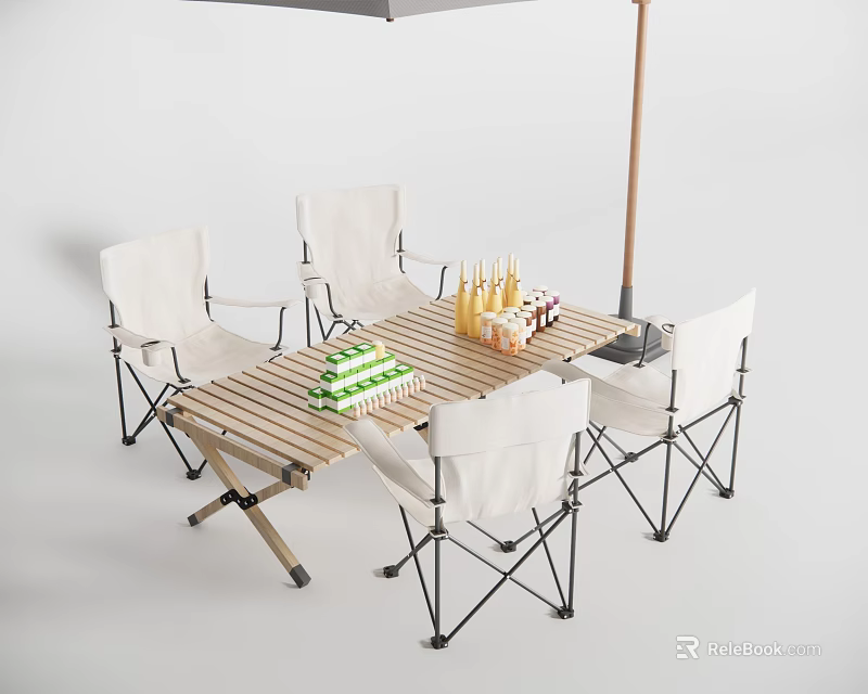 Outdoor Folding Table and Chair Set With Wooden Top White Seats Drinks And Green Boxes 3d model 