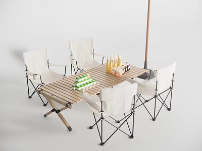 Outdoor Folding Table and Chair Set With Wooden Top White Seats Drinks And Green Boxes 3d model