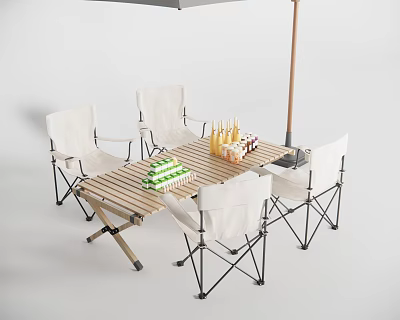 Outdoor Folding Table and Chair Set With Wooden Top White Seats Drinks And Green Boxes 3d model