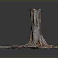 3D Wooden Tree Trunk with Stone Base Exposed Roots and Golden Accents