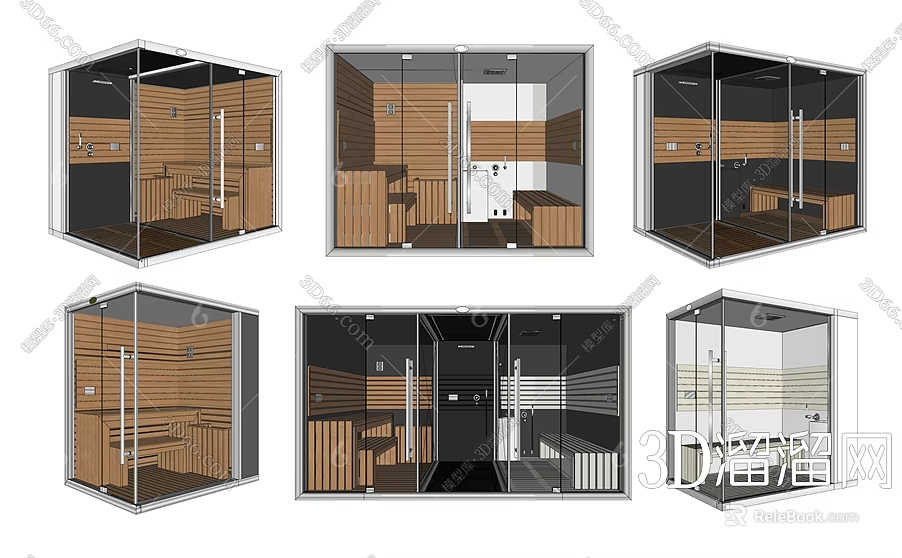 Modern Shower Sauna Interior Design With Wooden Elements Glass Doors And Seats 3d model 