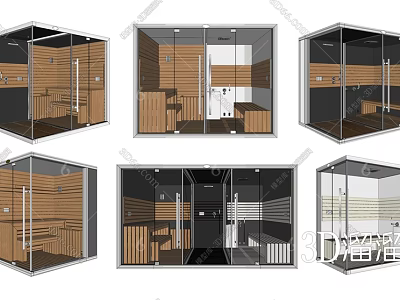 Modern Shower Sauna Interior Design With Wooden Elements Glass Doors And Seats 3d model
