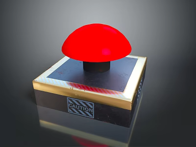 Red Mushroom Shaped Computer Button With Caution Sign And Golden Border Square Base 3d model