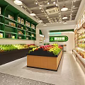 Modern Green And White Fruit Store Interior With Fruit Display Shelves And Refrigerator