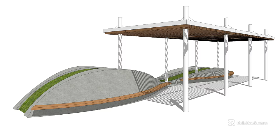 Modern Pergola Design With White Pillars Wooden Roof And Wavy Green Lawn 3d model 