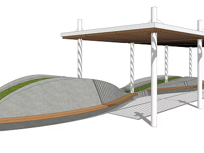 Modern Pergola Design With White Pillars Wooden Roof And Wavy Green Lawn 3d model