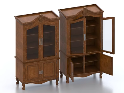 Vintage Wooden Cabinets With Glass Doors And Open Door Showing Interior Shelves 3d model