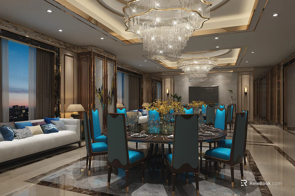 Luxurious Private Dining Room With Elegant Chandeliers Round Table Blue Chairs And Comfortable Sofa 3d model