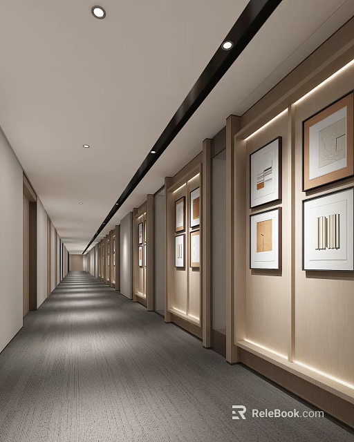 Modern Elevator Hallway With Wooden Walls Framed Artworks Recessed Lighting And Gray Floor 3d model 