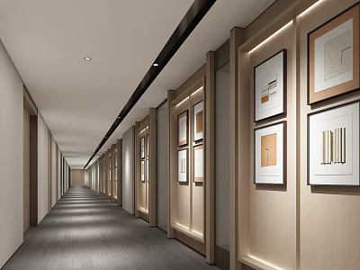 Modern Elevator Hallway With Wooden Walls Framed Artworks Recessed Lighting And Gray Floor 3d model
