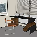 Modern Desk And Chair Set With Laptop On Black Tabletop Near Window Blinds