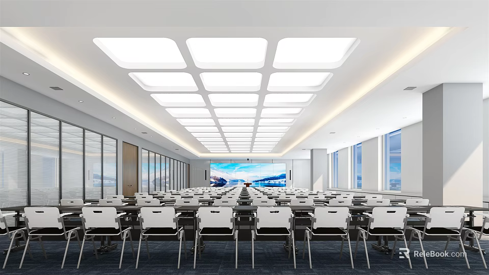 Spacious Modern Conference Room With Arranged Tables Chairs Ceiling Lights And Large Screen 3d model 